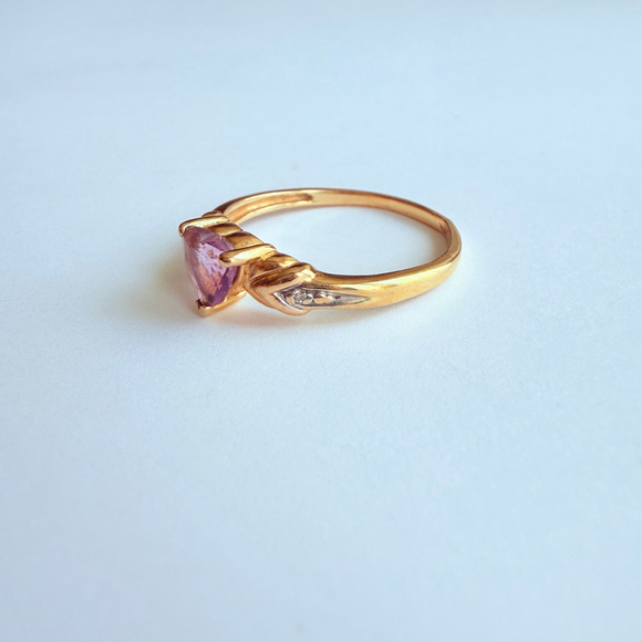 14K Yellow Solid Gold .55 CT Amethyst Shape Heart Natural Diamond Love Band Ring - Picture 3 of 11
